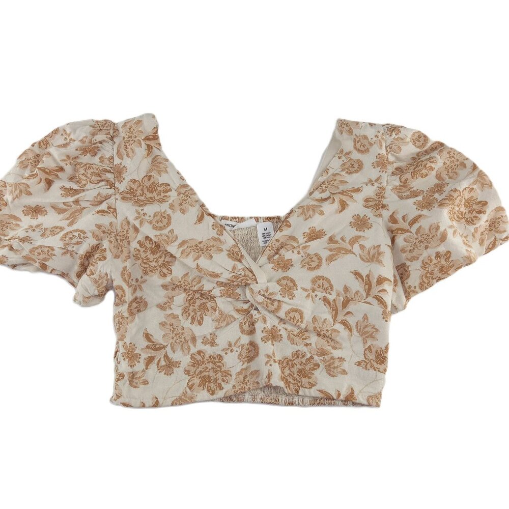 Midnight Sky V-Neck Crop Top Women's Size Medium Cream Tan Floral Smocked